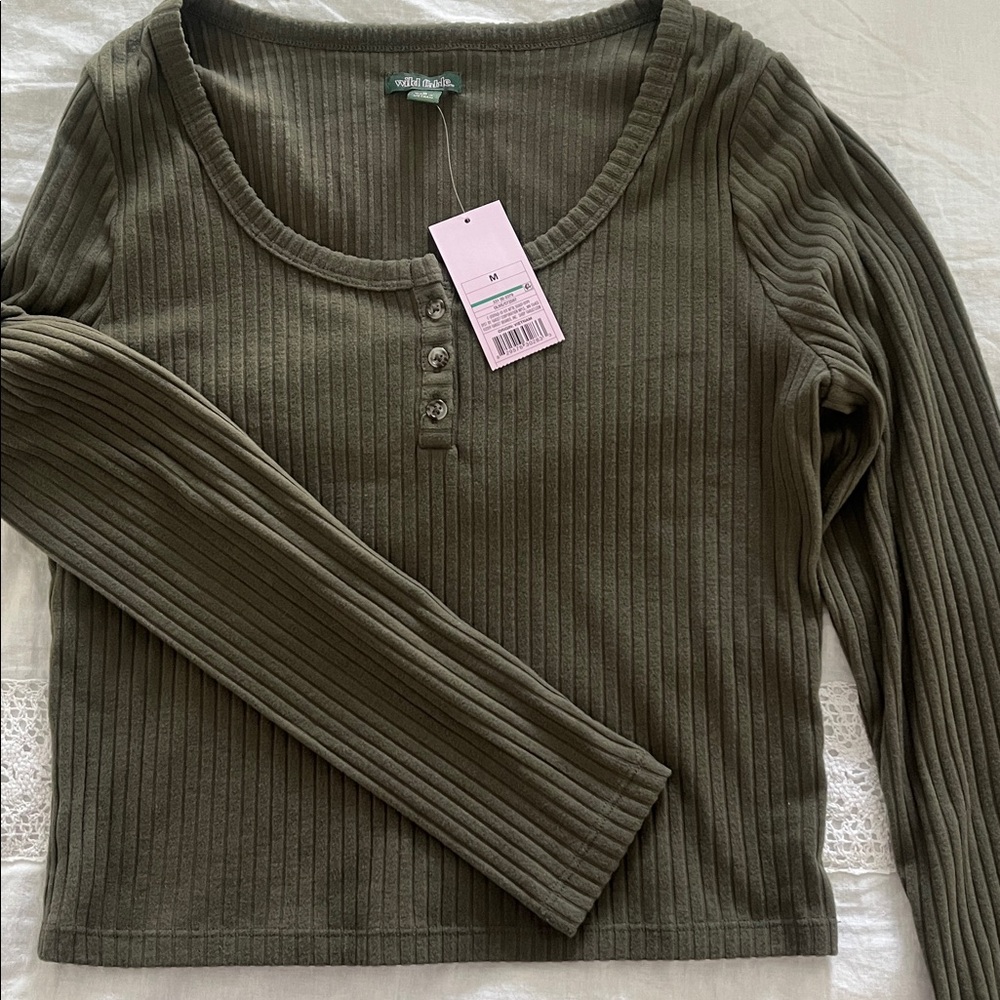Wild Fable Dark Green Ribbed Button-Up Top